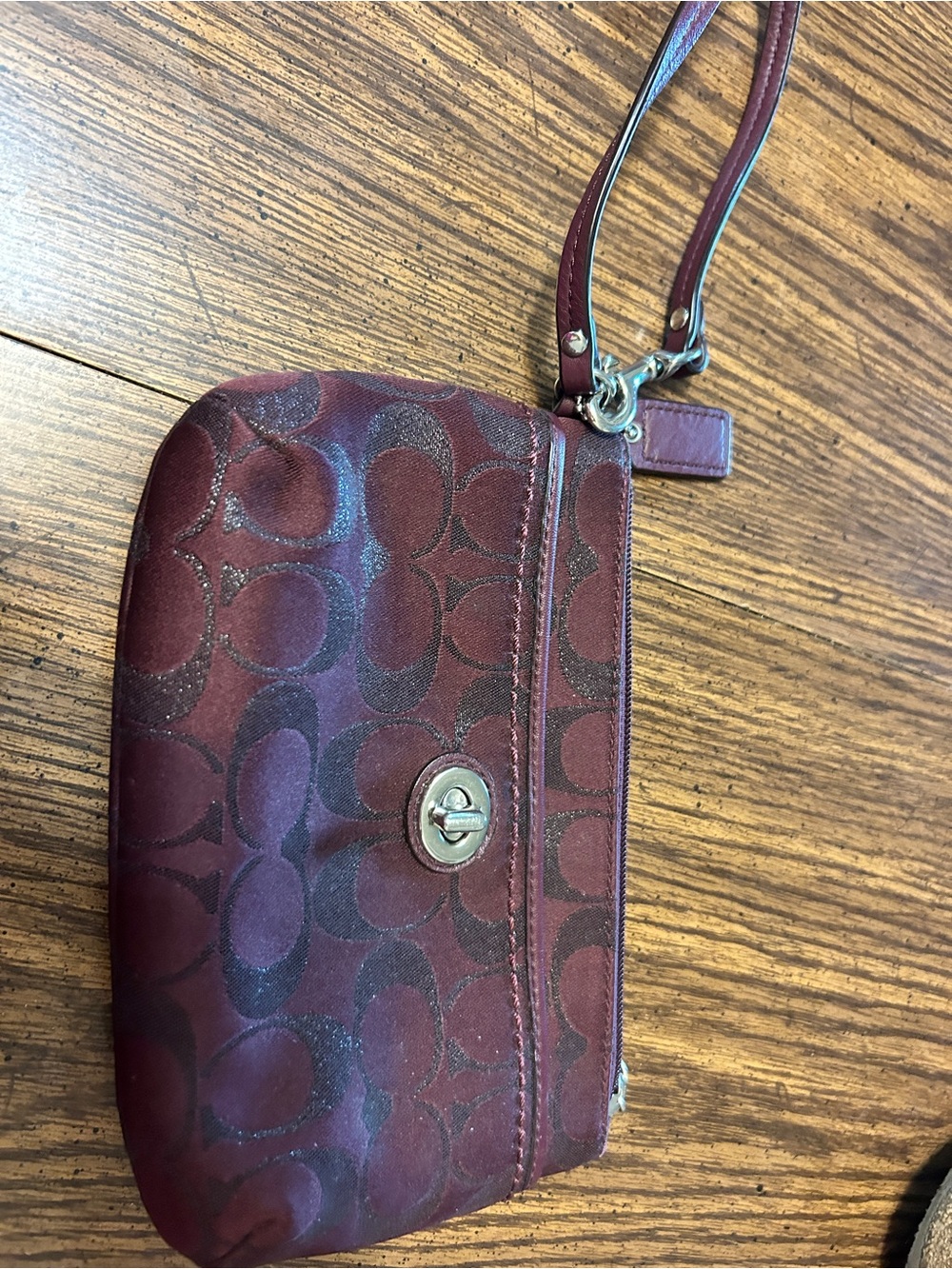 Coach Maroon Signature Wristlet with Silver Turnlock